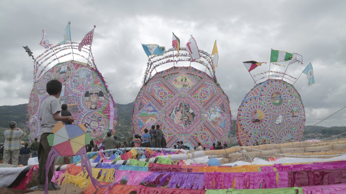 Giant ceremonial kites on a hillside