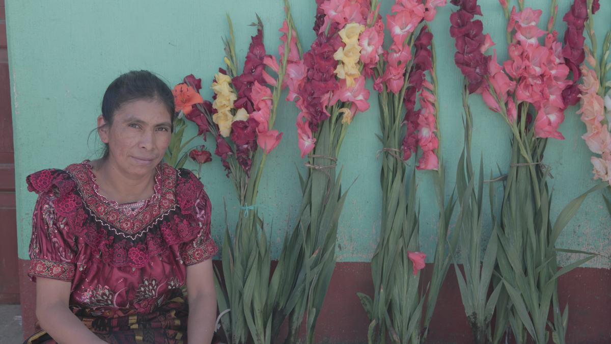 A woman sits beside bundles of gladiolas against a turquoise wall
